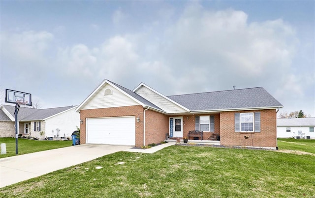 single story home with a garage and a front lawn