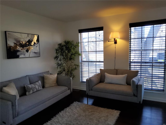 living area featuring baseboards and wood finished floors