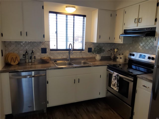 kitchen with under cabinet range hood, appliances with stainless steel finishes, white cabinets, and a sink