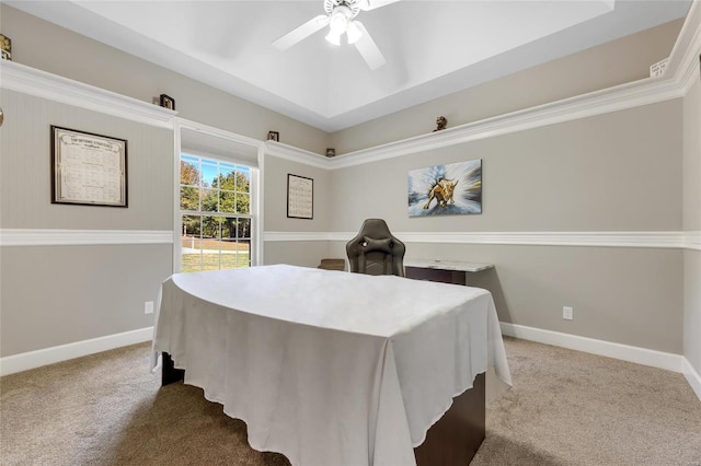 bedroom featuring a tray ceiling, ceiling fan, and carpet