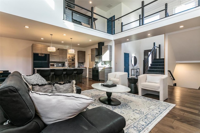 living room featuring a high ceiling, sink, and dark hardwood / wood-style flooring