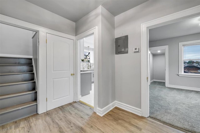 hallway with electric panel and light hardwood / wood-style flooring