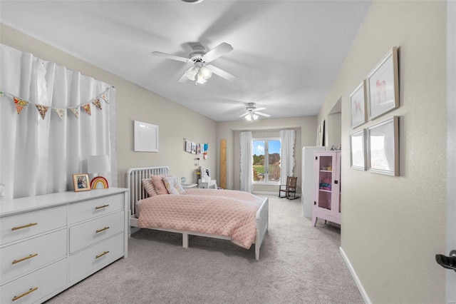 carpeted bedroom with ceiling fan