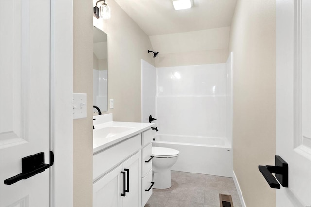 full bathroom with bathing tub / shower combination, tile patterned flooring, vanity, and toilet