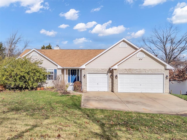 ranch-style home with a garage and a front lawn