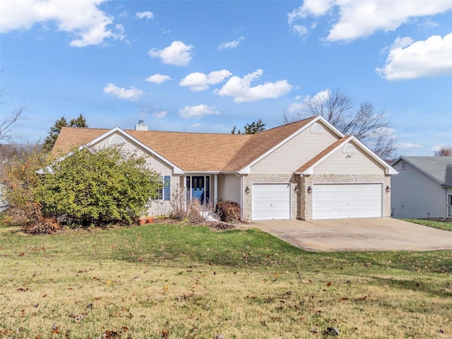 ranch-style home with a front lawn and a garage