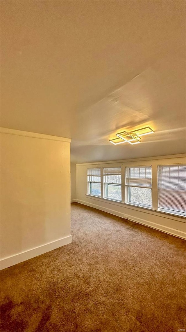 additional living space featuring a textured ceiling, lofted ceiling, and carpet