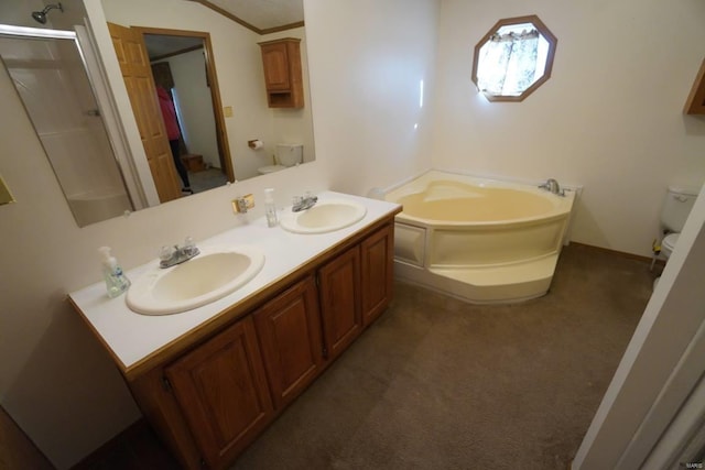 full bathroom featuring toilet, plus walk in shower, vanity, and ornamental molding