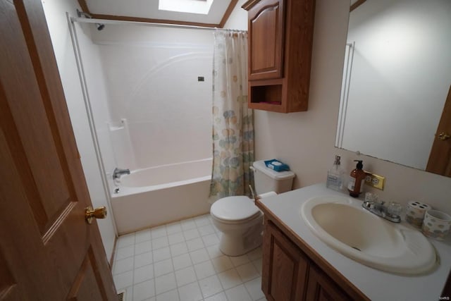 full bathroom with toilet, tile patterned floors, vanity, a skylight, and shower / bath combination with curtain