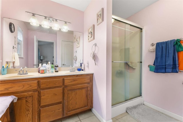 bathroom featuring vanity, tile patterned flooring, and a shower with door