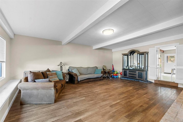 living room with hardwood / wood-style flooring and beam ceiling