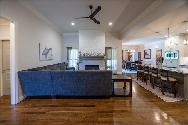 living room with dark hardwood / wood-style floors, a healthy amount of sunlight, a large fireplace, and ornamental molding