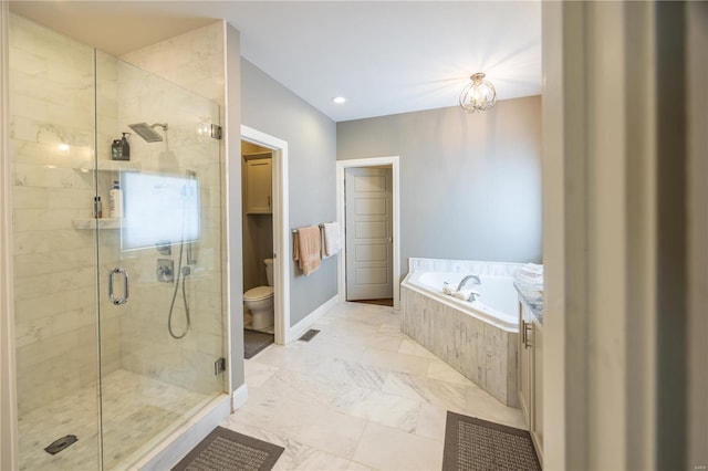 bathroom featuring shower with separate bathtub and toilet