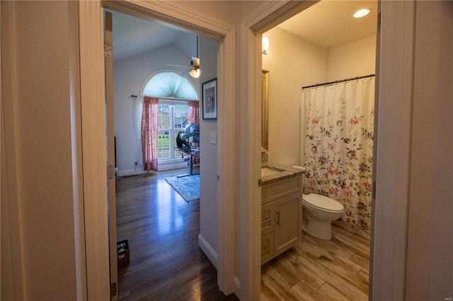 bathroom with hardwood / wood-style flooring, ceiling fan, vanity, and lofted ceiling