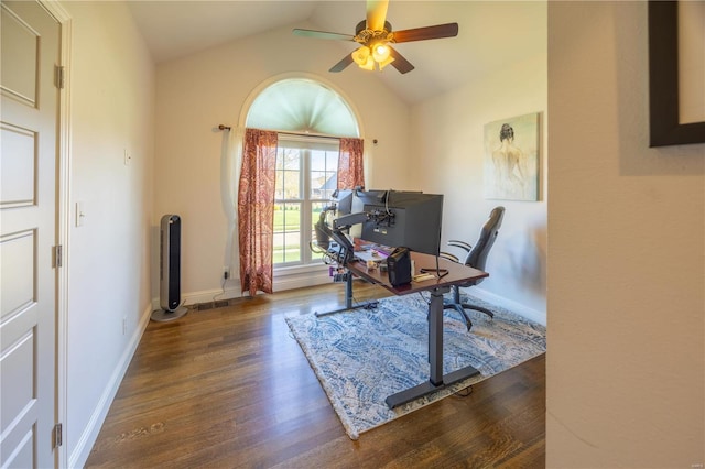 office with dark wood-type flooring, lofted ceiling, and ceiling fan