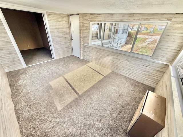 interior space featuring wood walls, a textured ceiling, carpet flooring, and vaulted ceiling