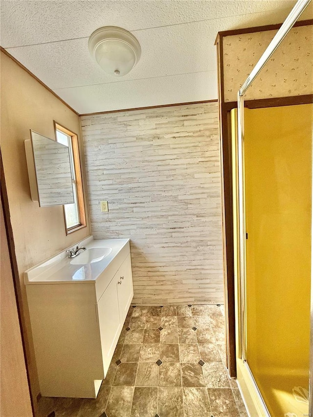 bathroom with vanity, wooden walls, and a shower