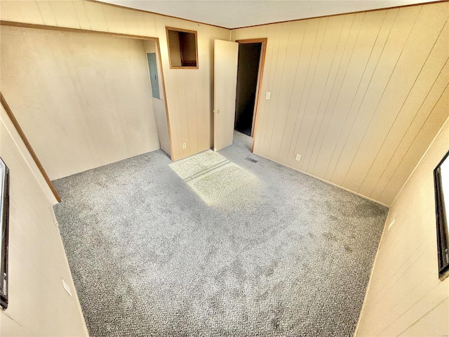 unfurnished room with carpet floors and wooden walls