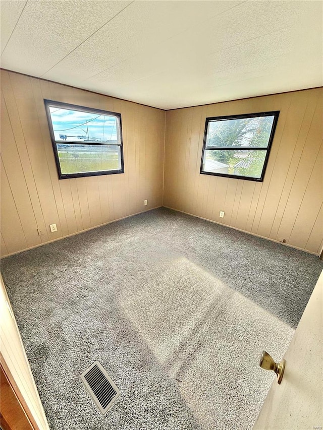 carpeted spare room with wooden walls