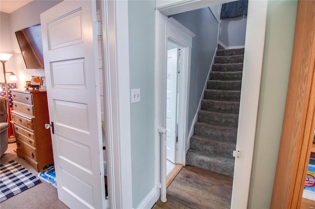 stairway with hardwood / wood-style flooring