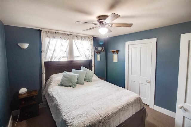 bedroom featuring dark carpet and ceiling fan