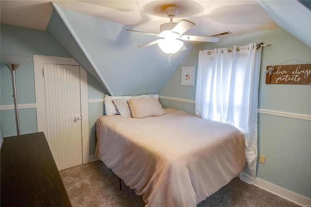 bedroom with lofted ceiling, carpet, and ceiling fan