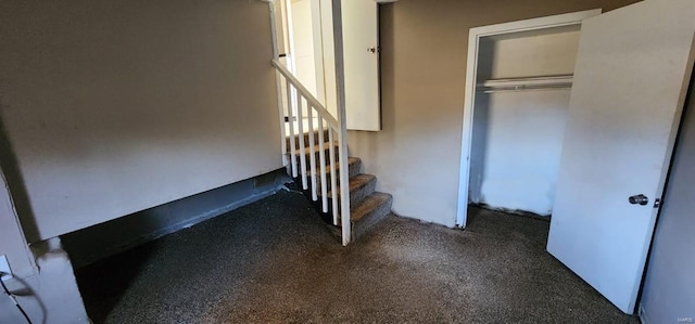 staircase featuring carpet