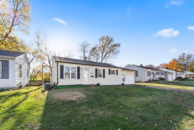 ranch-style house with central AC and a front lawn