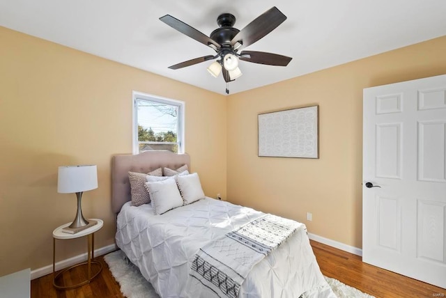 bedroom with ceiling fan and wood-type flooring