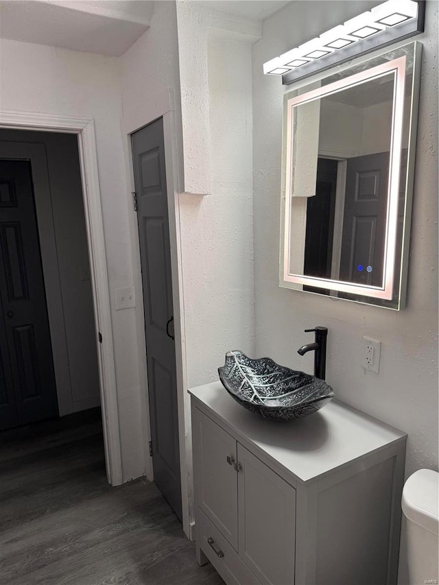 bathroom featuring vanity, wood-type flooring, and toilet