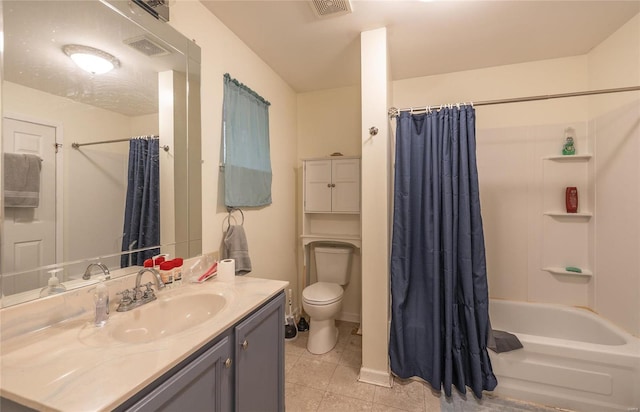 full bathroom with tile patterned floors, vanity, shower / bath combination with curtain, and toilet