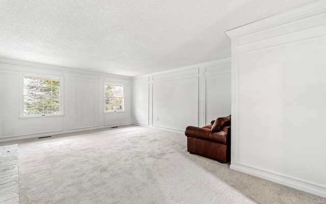 sitting room featuring light colored carpet and a textured ceiling