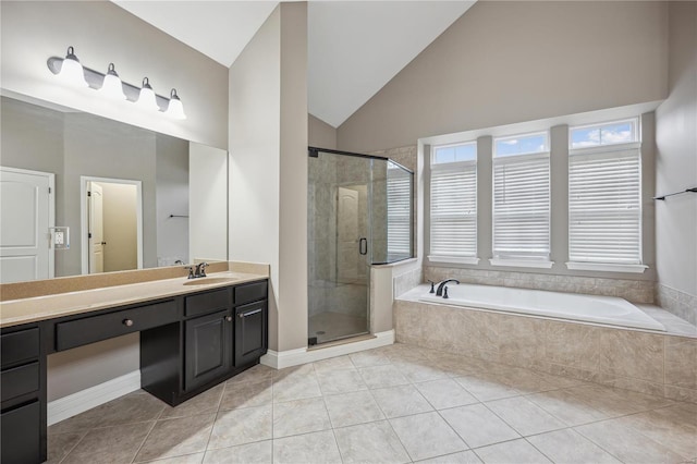 bathroom featuring tile patterned floors, vanity, high vaulted ceiling, and independent shower and bath