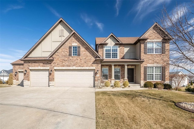 view of front facade with a garage, a shingled roof, brick siding, driveway, and a front lawn