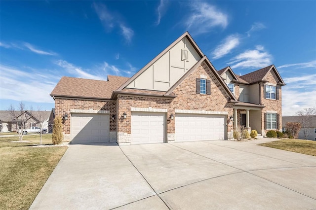 view of front facade featuring driveway, a shingled roof, stone siding, a front lawn, and brick siding