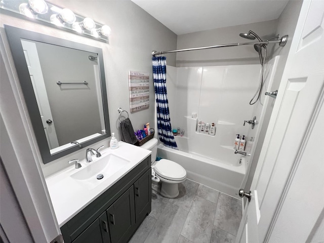 full bathroom featuring vanity, toilet, and shower / bathtub combination with curtain