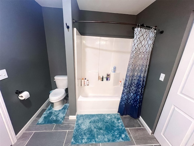 bathroom with tile patterned floors, toilet, and shower / bathtub combination with curtain