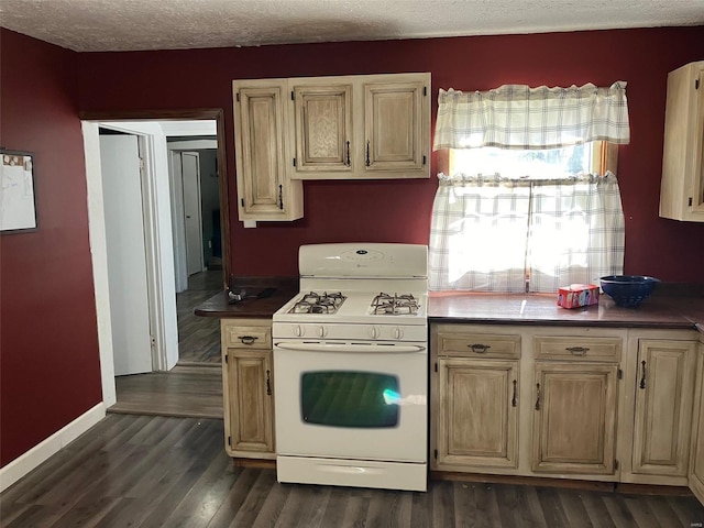 kitchen with gas range gas stove, a textured ceiling, and dark hardwood / wood-style flooring