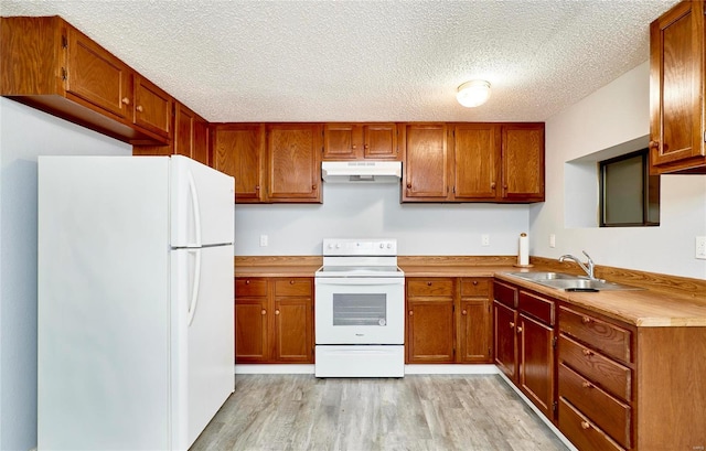 kitchen featuring a textured ceiling, light hardwood / wood-style floors, white appliances, and sink