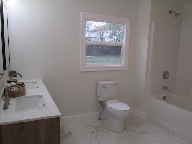 full bathroom with shower / tub combination, vanity, and toilet