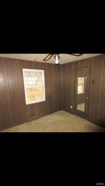 spare room featuring ceiling fan, a wealth of natural light, and wood walls