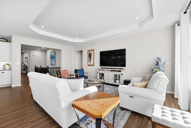 living room with dark hardwood / wood-style flooring and a raised ceiling