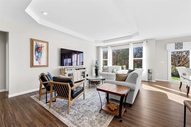 living room featuring dark hardwood / wood-style floors and a tray ceiling