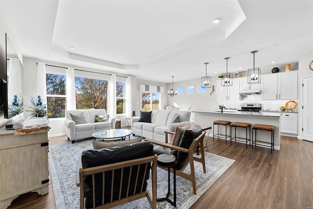 living room with dark wood-type flooring, sink, an inviting chandelier, and a tray ceiling