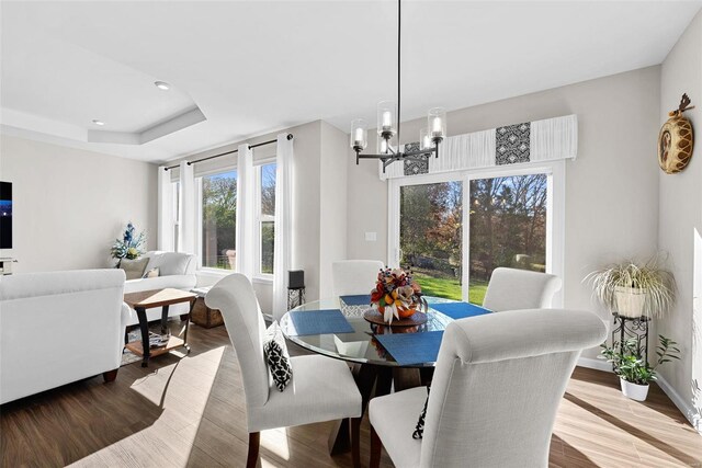 dining room featuring hardwood / wood-style floors, a chandelier, and a tray ceiling