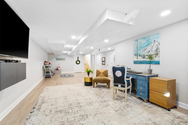 office area with light hardwood / wood-style flooring