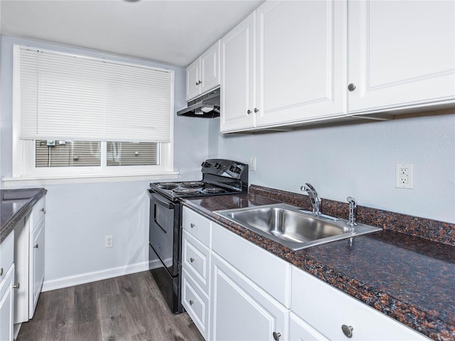 kitchen featuring black electric range, dark hardwood / wood-style flooring, sink, and white cabinets