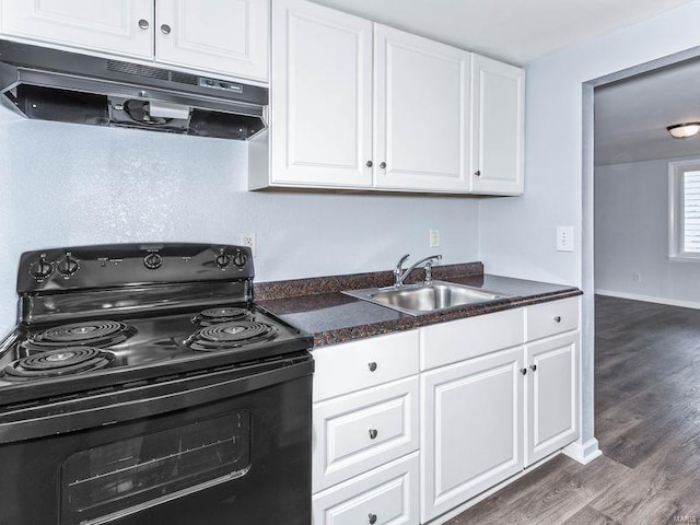 kitchen featuring white cabinetry, black electric range oven, dark hardwood / wood-style flooring, and sink