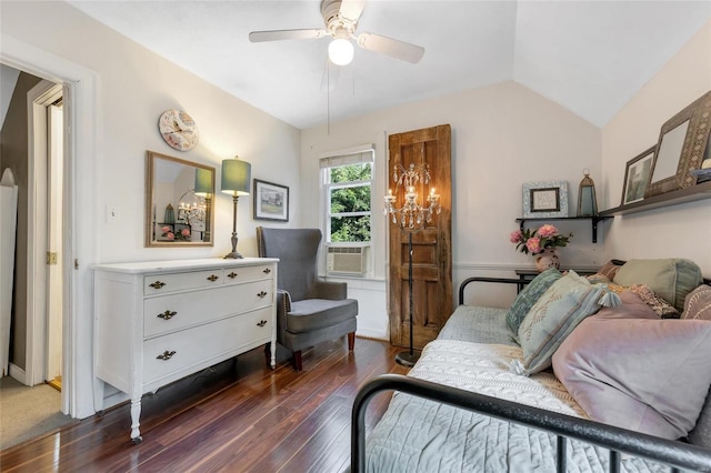 bedroom with ceiling fan, dark hardwood / wood-style flooring, cooling unit, and lofted ceiling