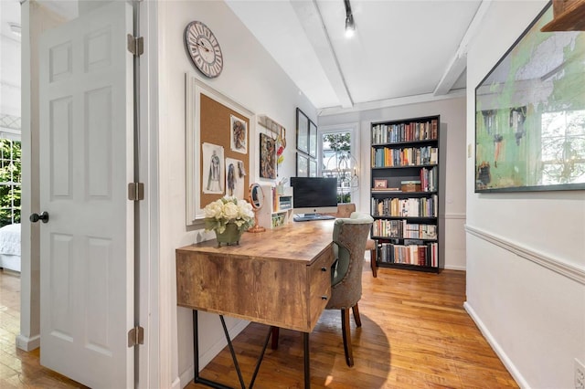 office area featuring rail lighting and light hardwood / wood-style floors